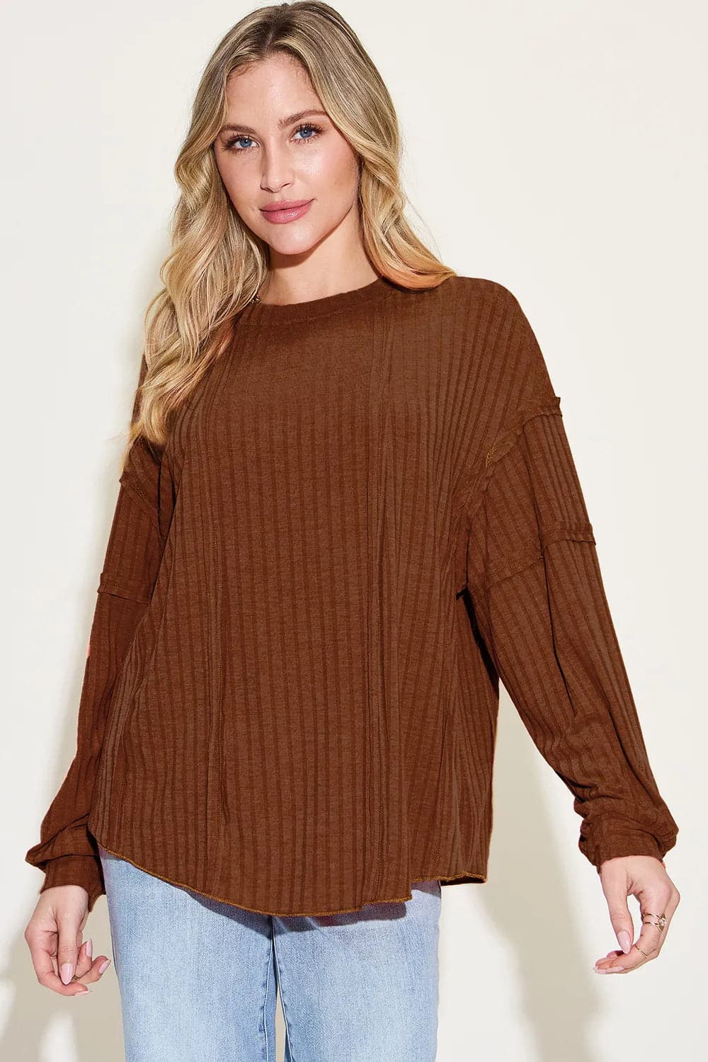 Ribbed Round Neck Long Sleeve T-Shirt - Full Size Basic Bae