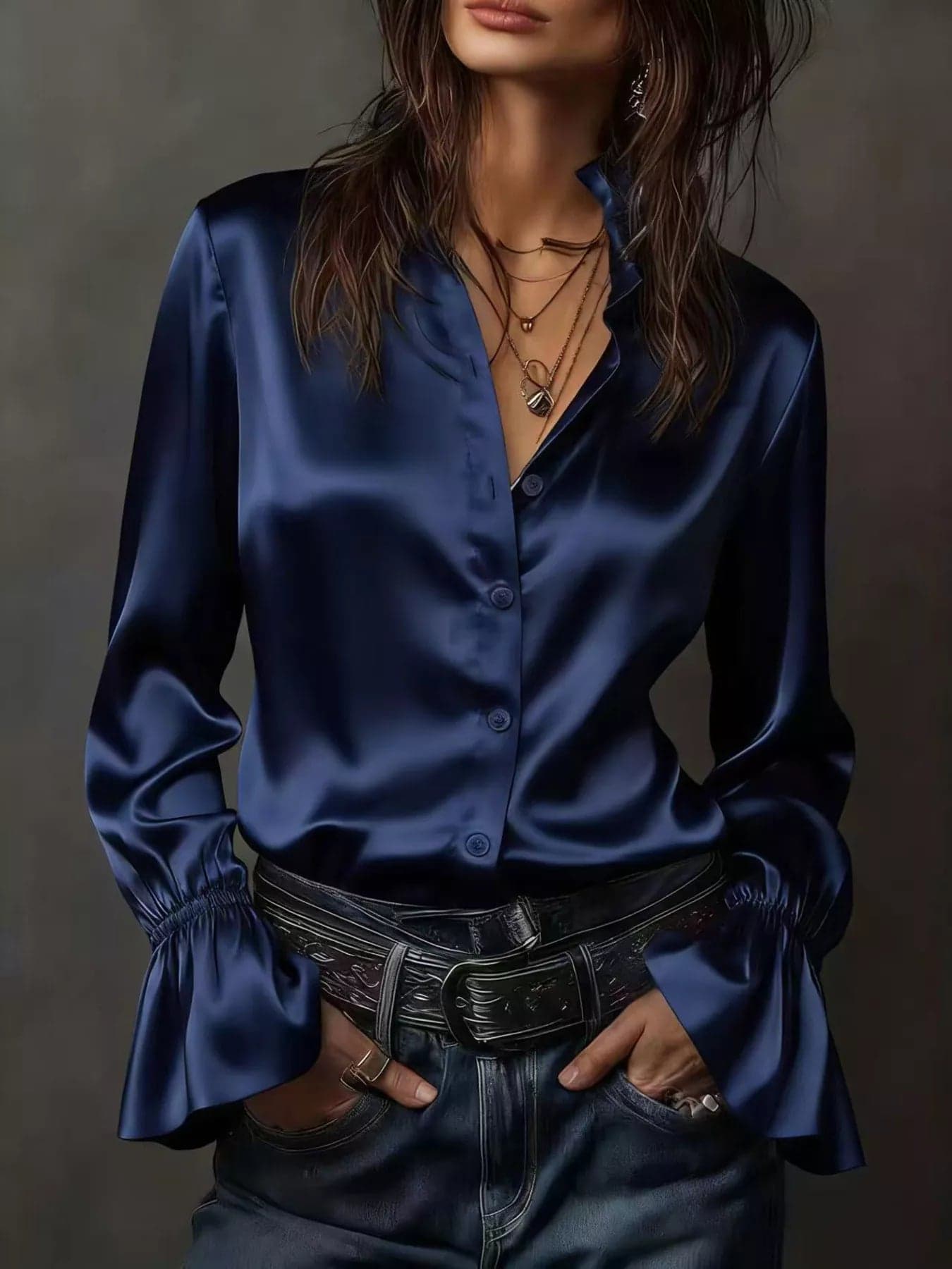 Flounce Sleeve Button-Up Shirt