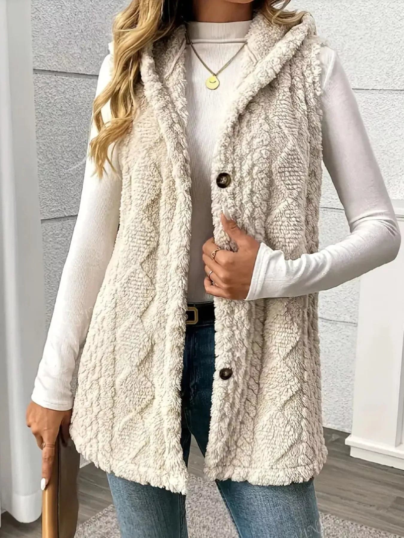 Hooded Plush Vest Coat with Button Front