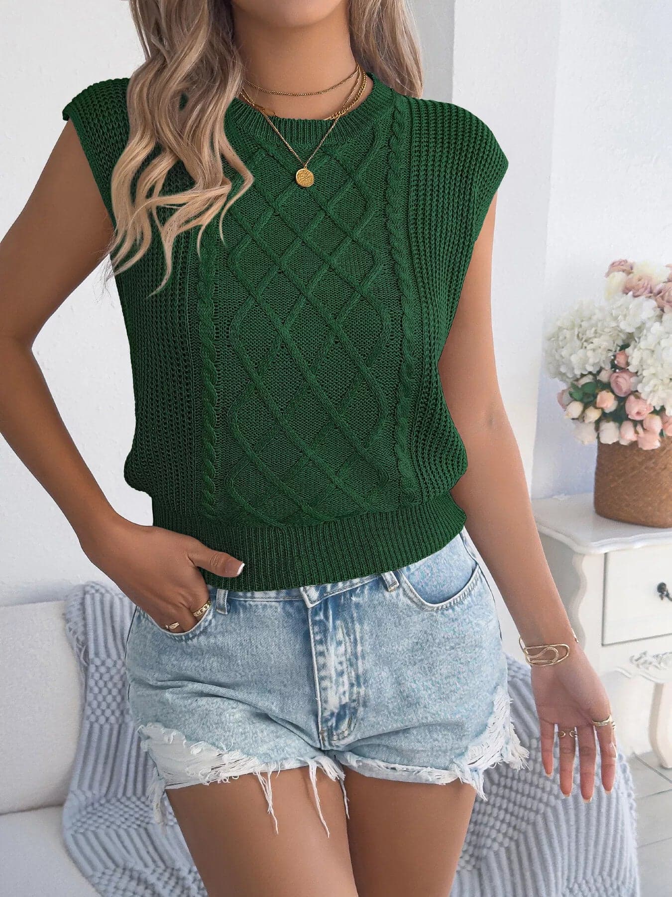 Cap Sleeve Cable Knit Sweater