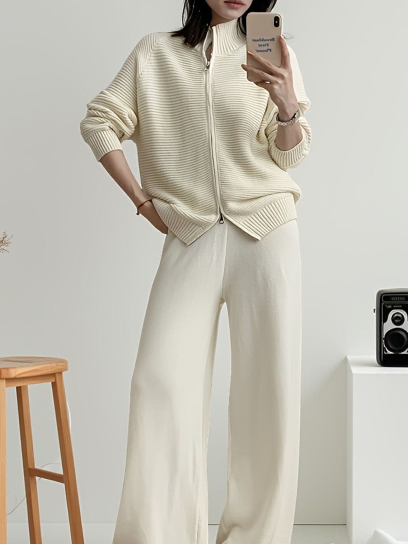 Knit Zip-Up Cardigan & Wide-Leg Pants Two-Piece Set