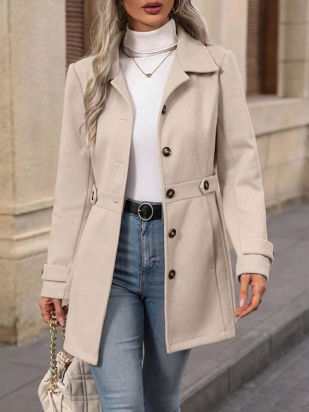 Button-Up Collared Coat with Pockets
