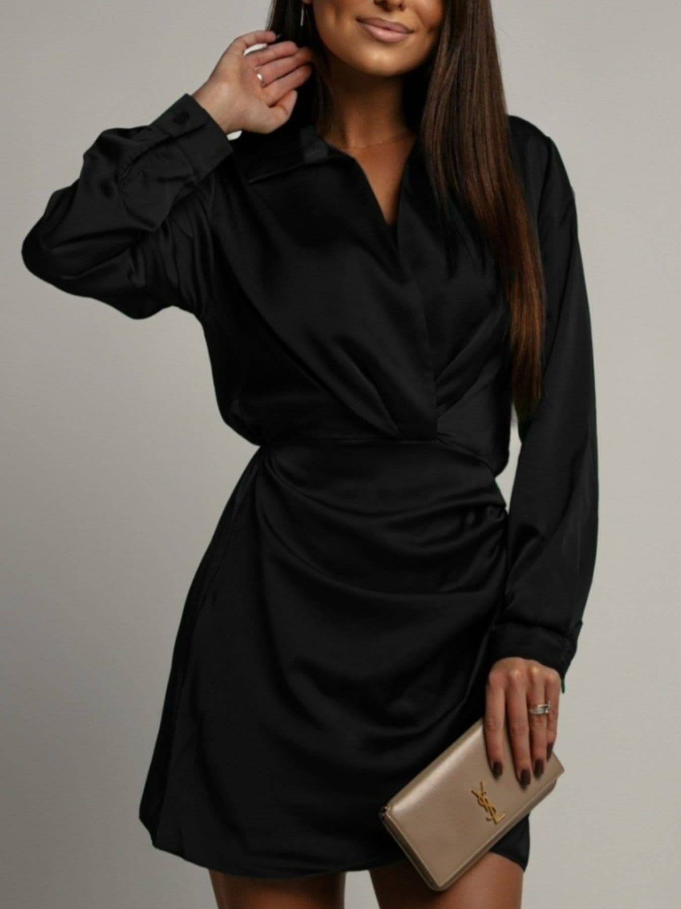 Long Sleeve Satin Dress with Collared Neck