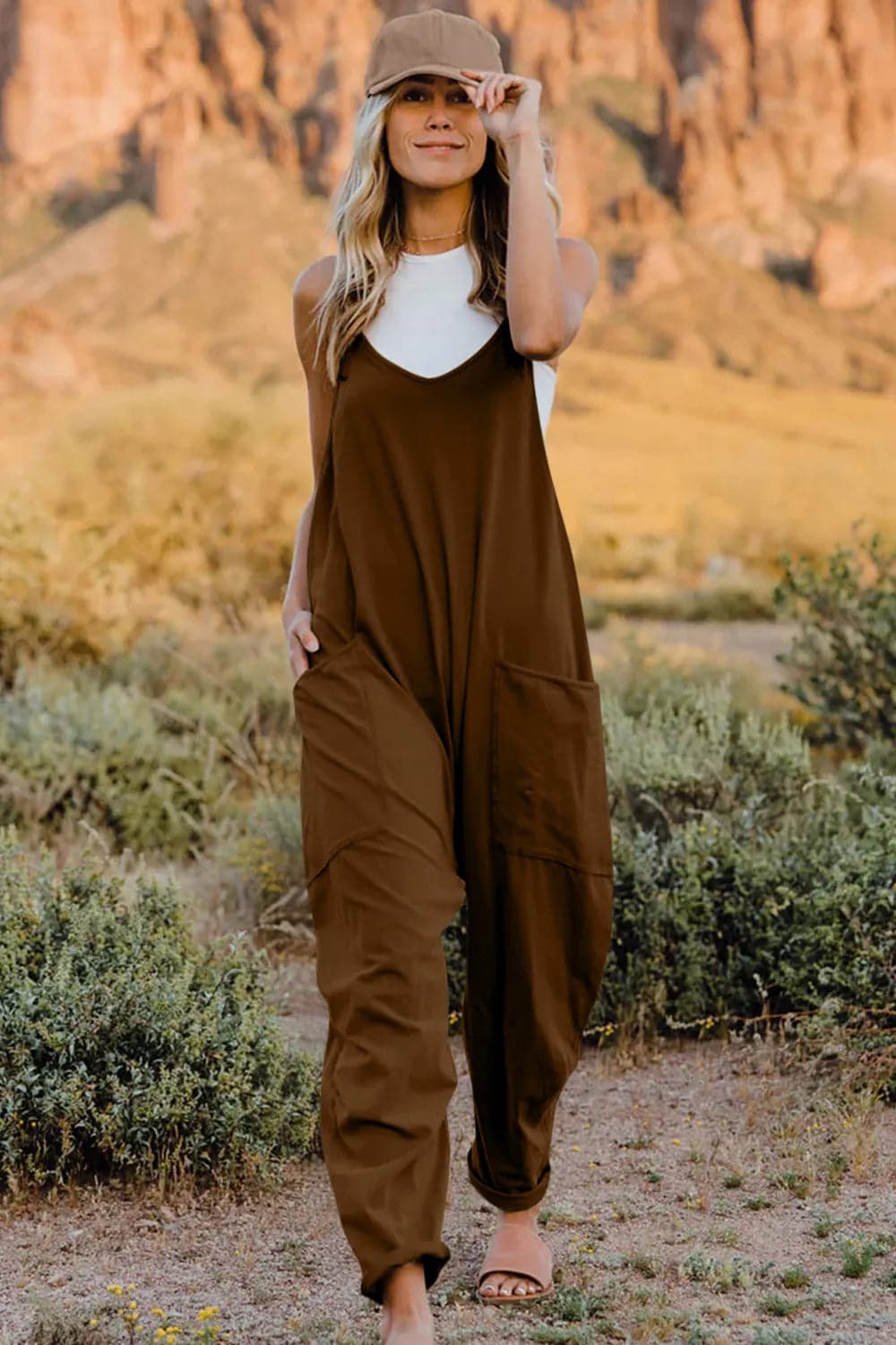 V-Neck Sleeveless Jumpsuit with Pockets - Full Size