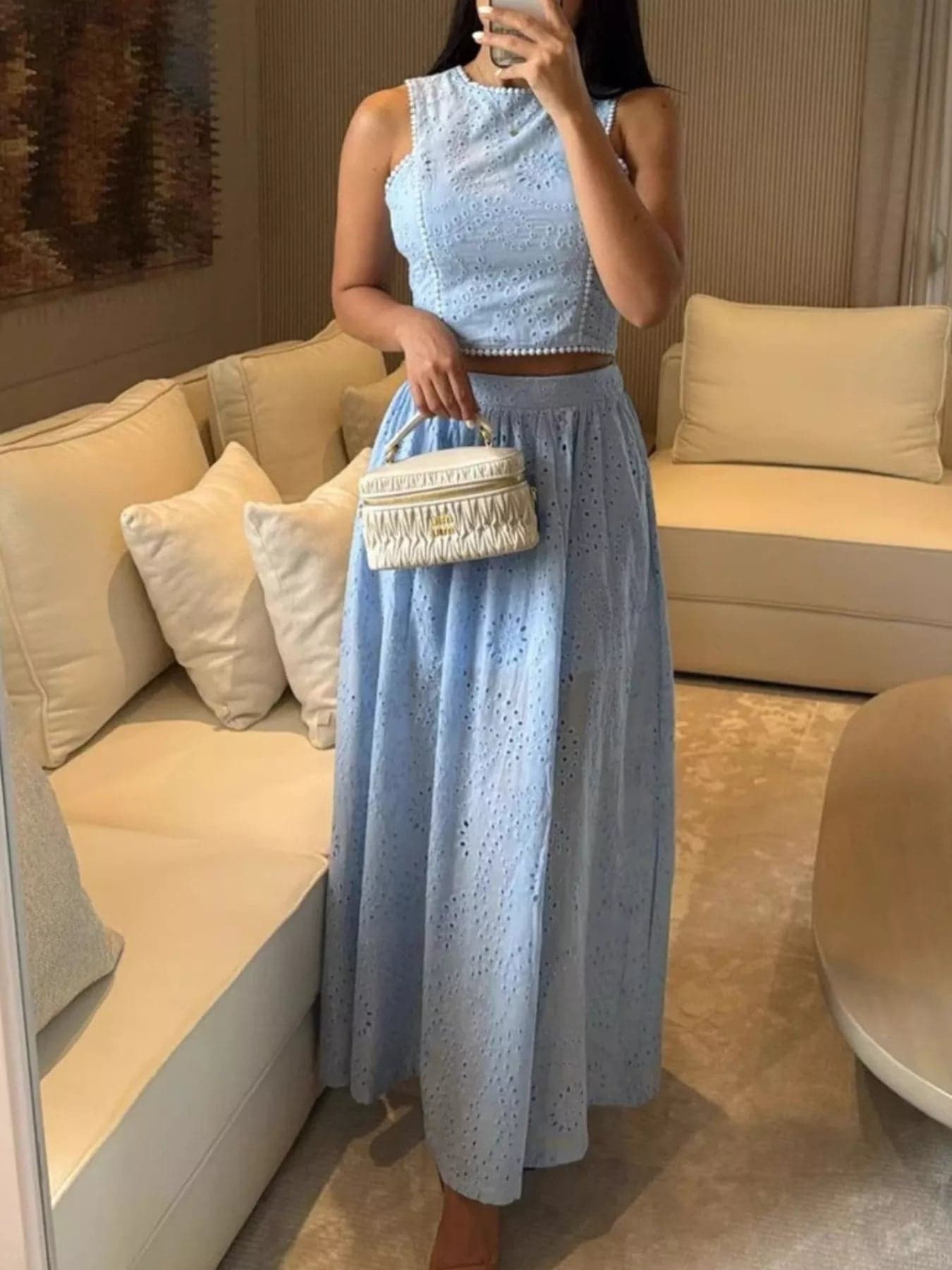Two-Piece Eyelet Maxi Skirt and Crop Top Set
