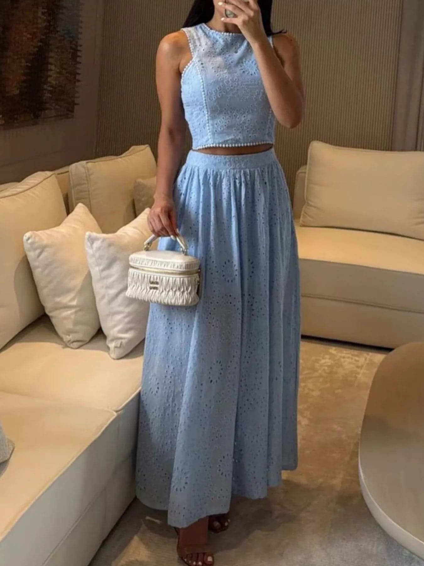 Two-Piece Eyelet Maxi Skirt and Crop Top Set