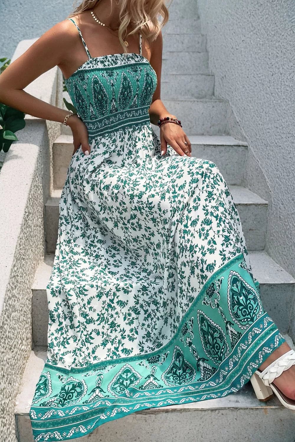 Smocked Floral Print Cami Maxi Dress
