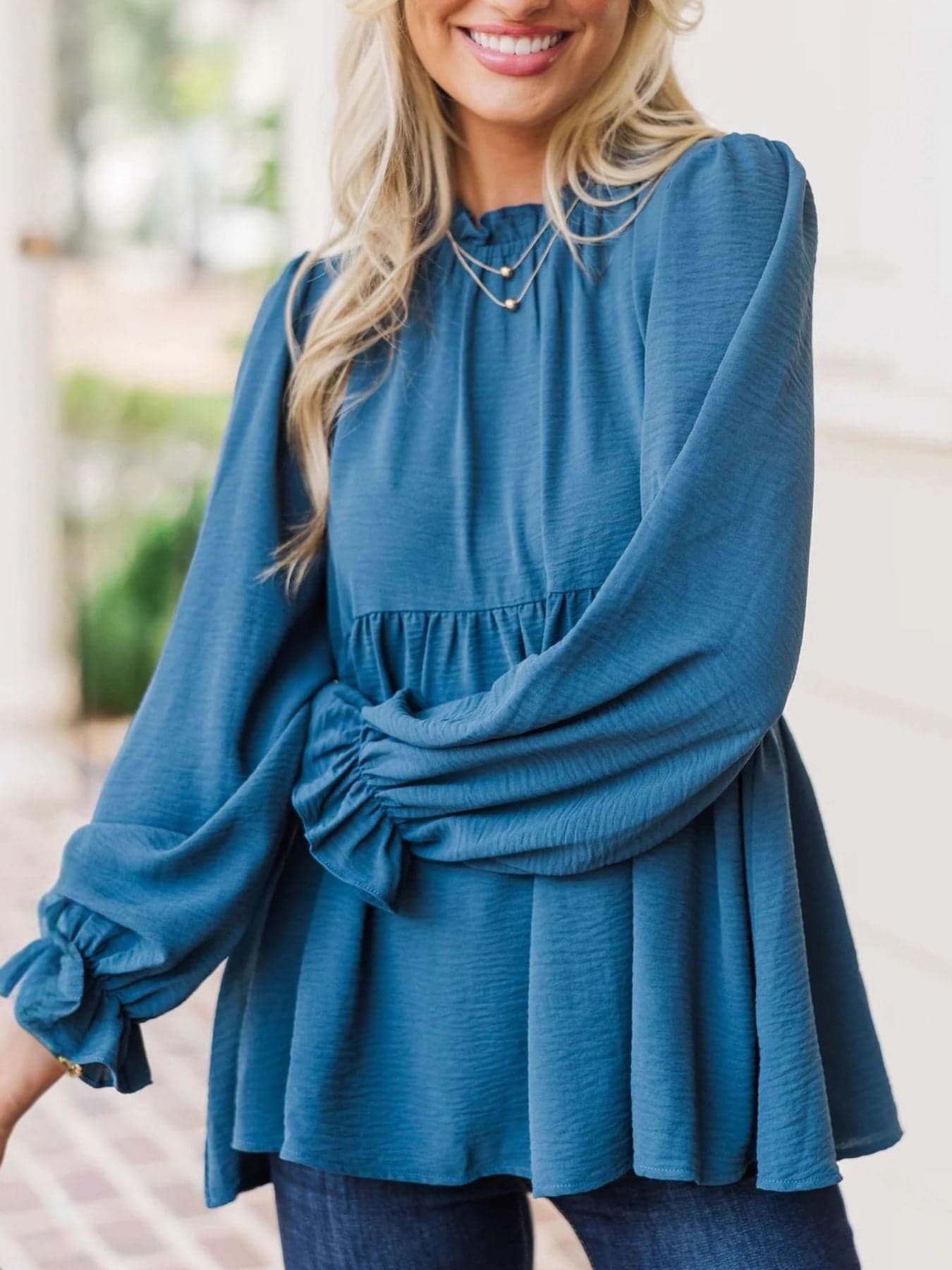 Flounce Sleeve Mock Neck Blouse with Frill Detail