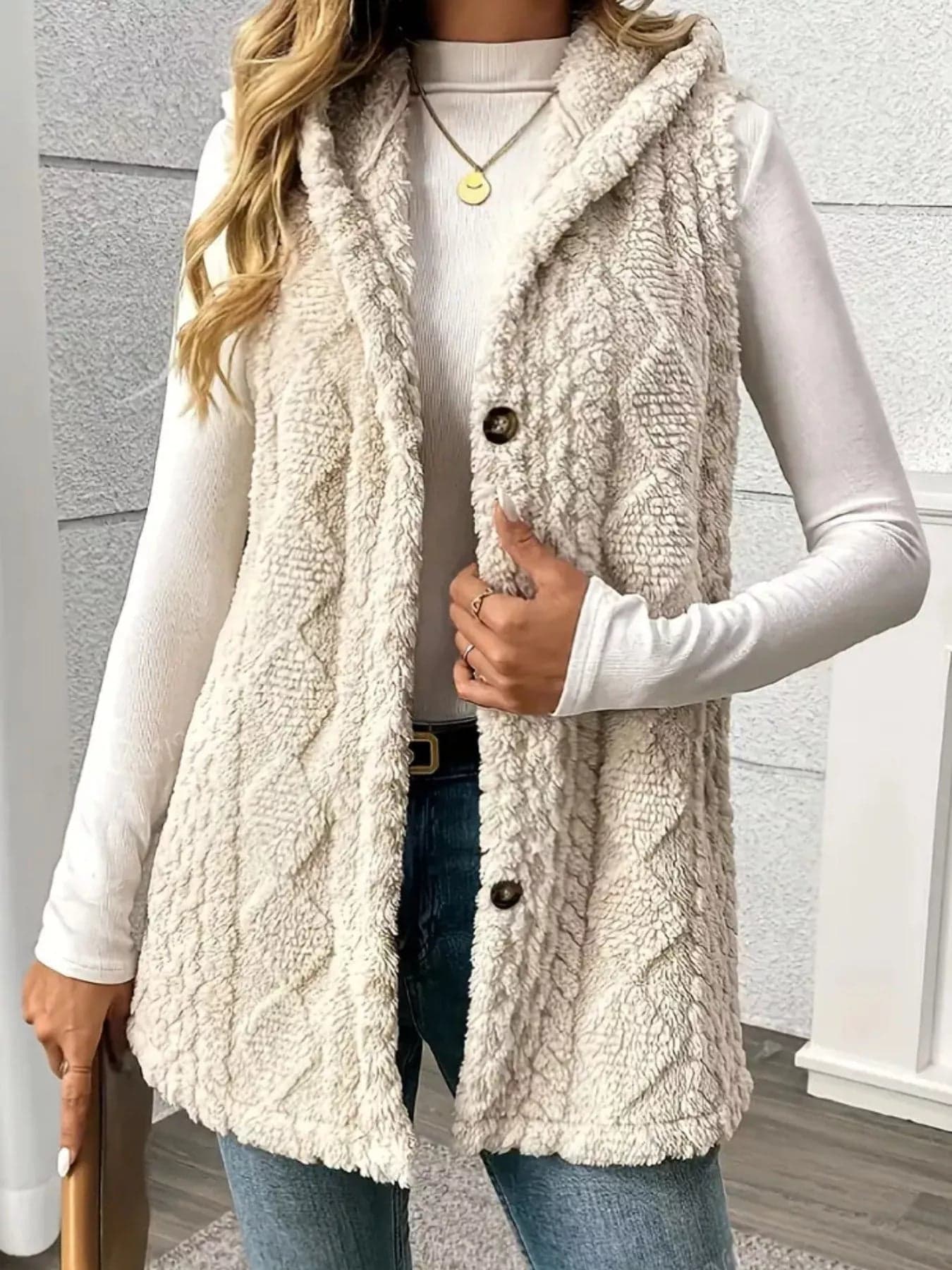 Sherpa Button-Up Hooded Vest Coat