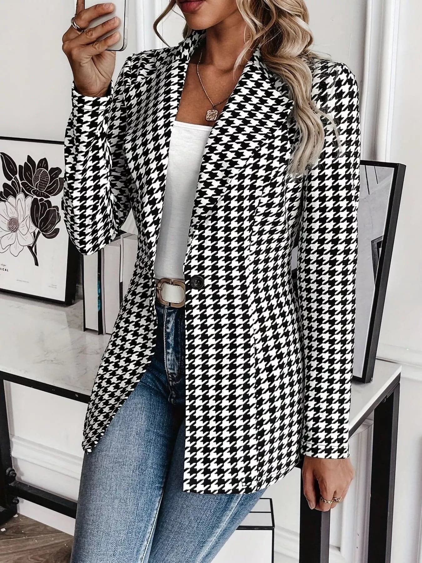 Lapel Collar Houndstooth Print Blazer