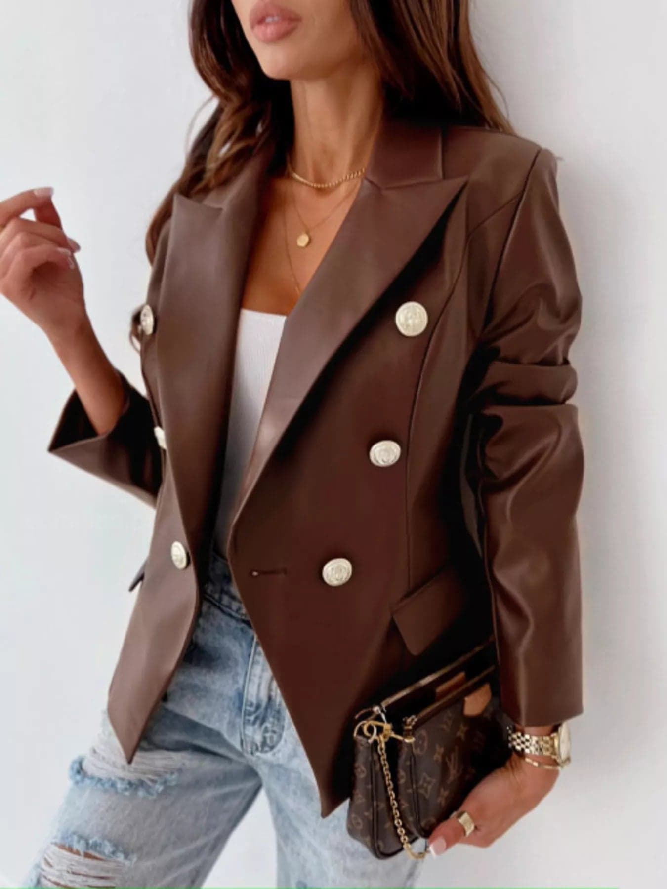 Double-Breasted Leather Blazer with Lapel Collar