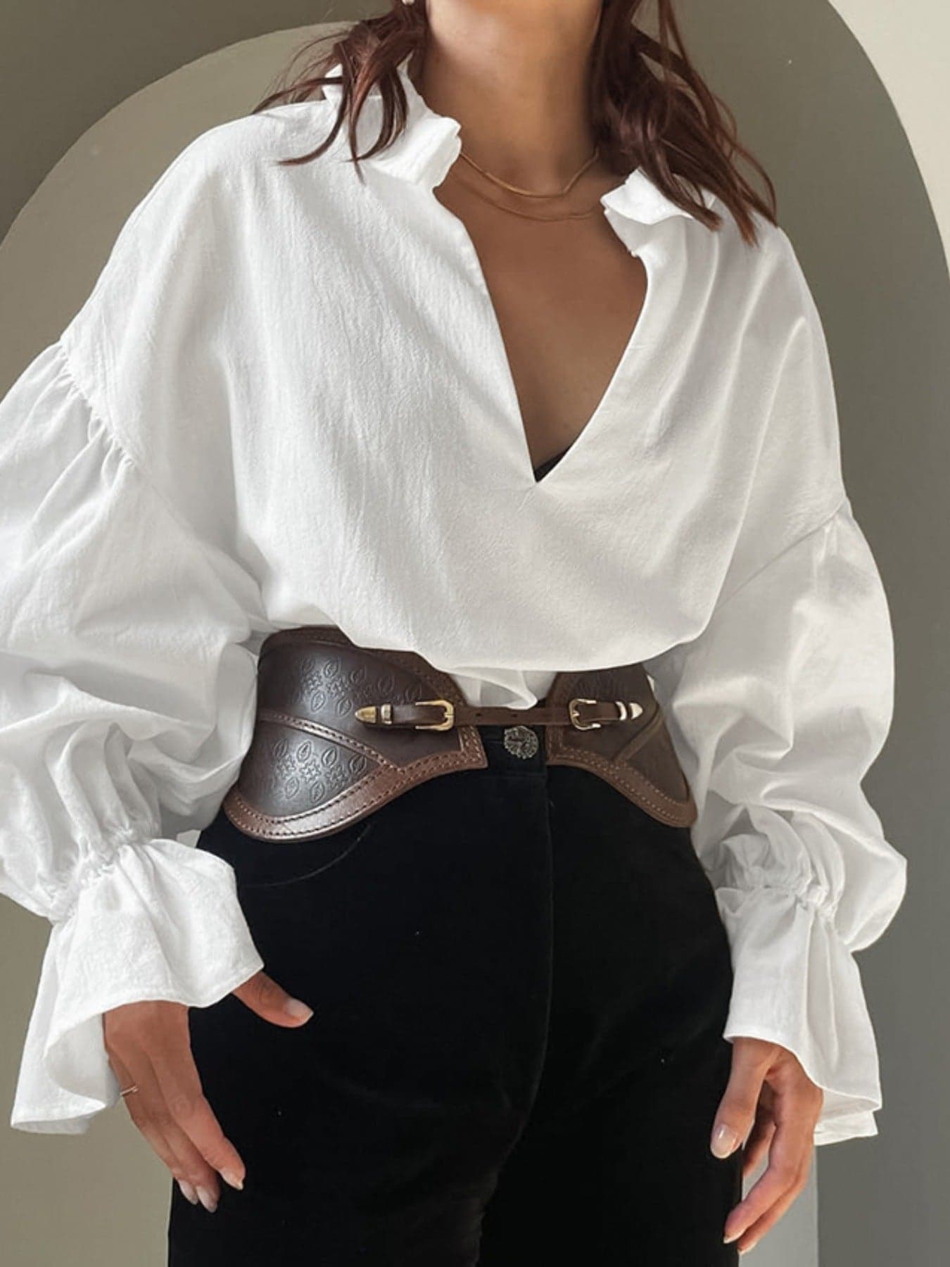 Flounce Sleeve Blouse with Notched Detail