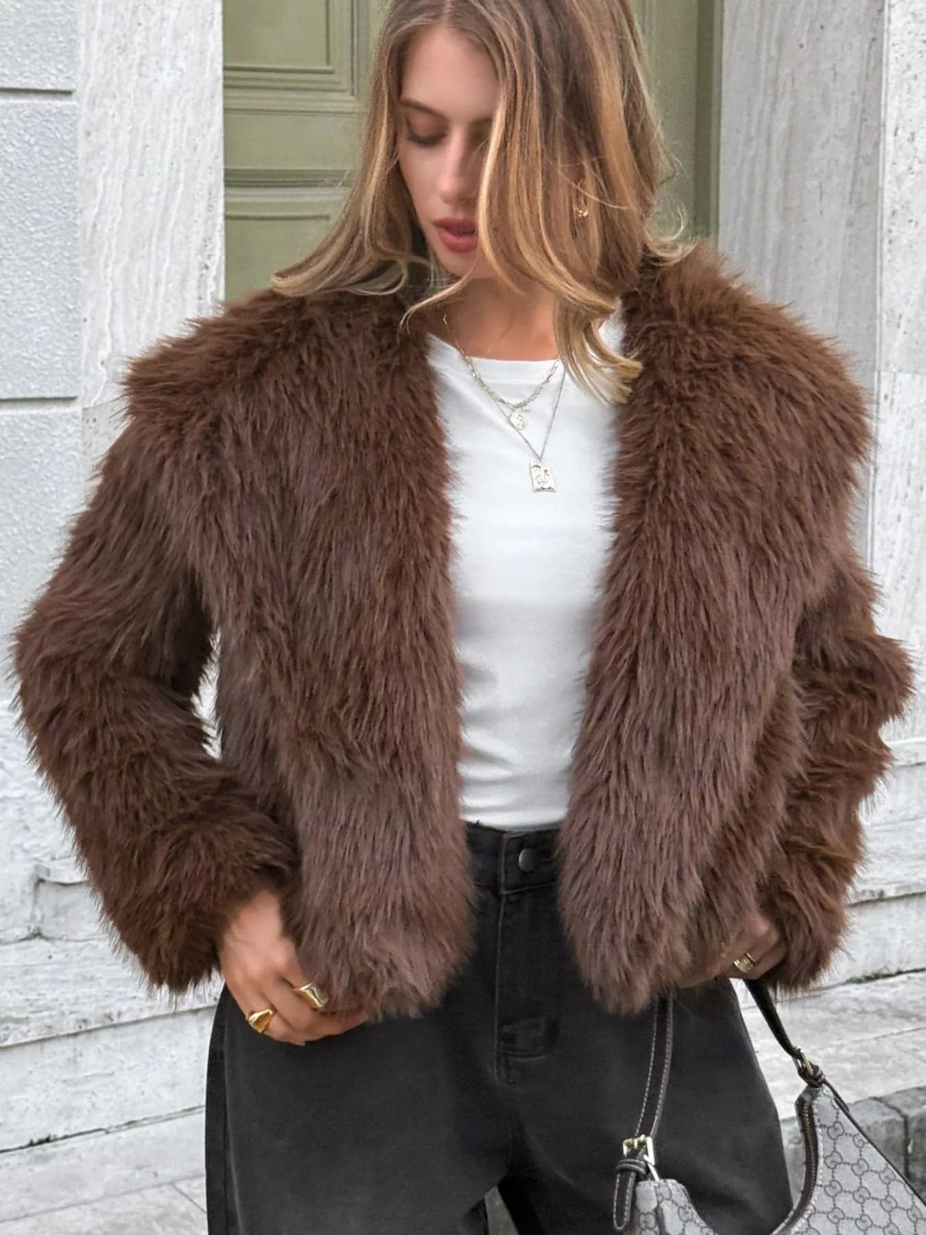 Cropped Faux Fur Jacket with Open Front