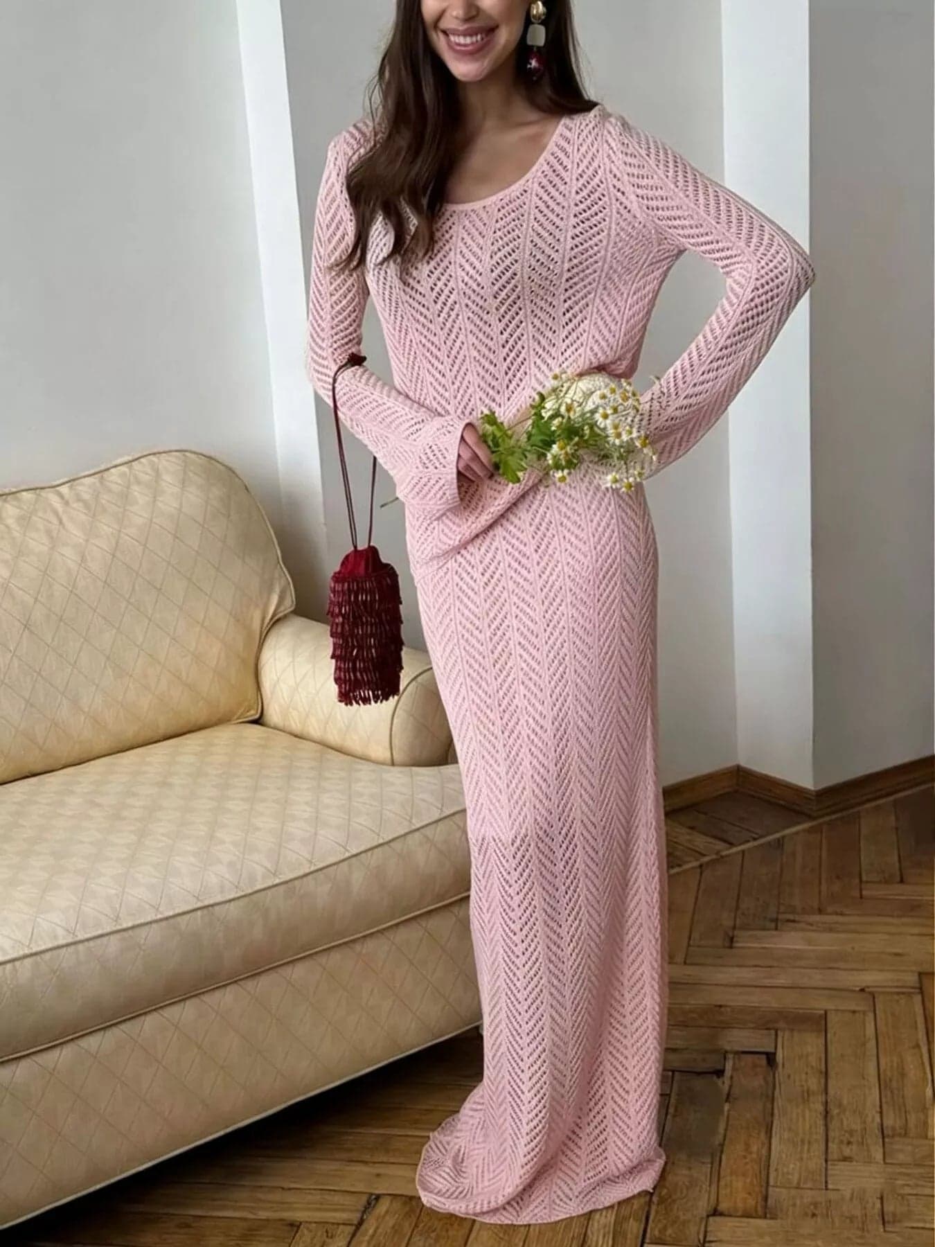 Long Sleeve Openwork Knit Top & Skirt Two-Piece Set