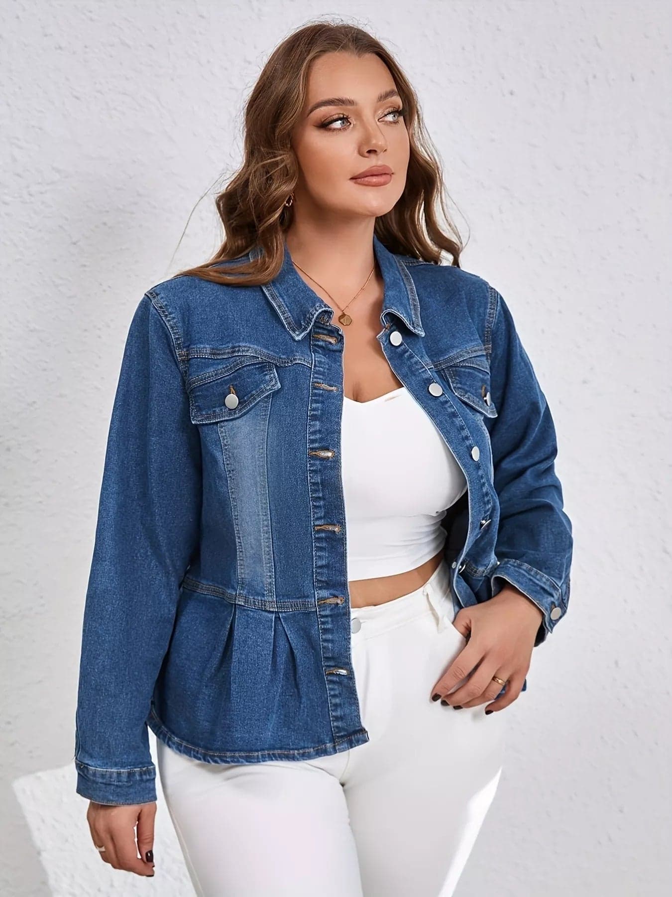 Button-Front Peplum Denim Jacket - Plus Size