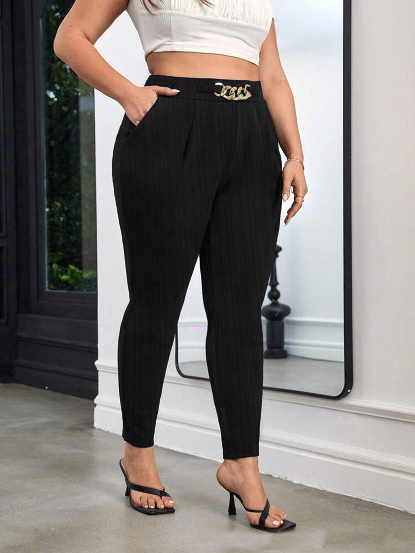 Plus Size High Waist Skinny Pants with Chain Detail and Pockets