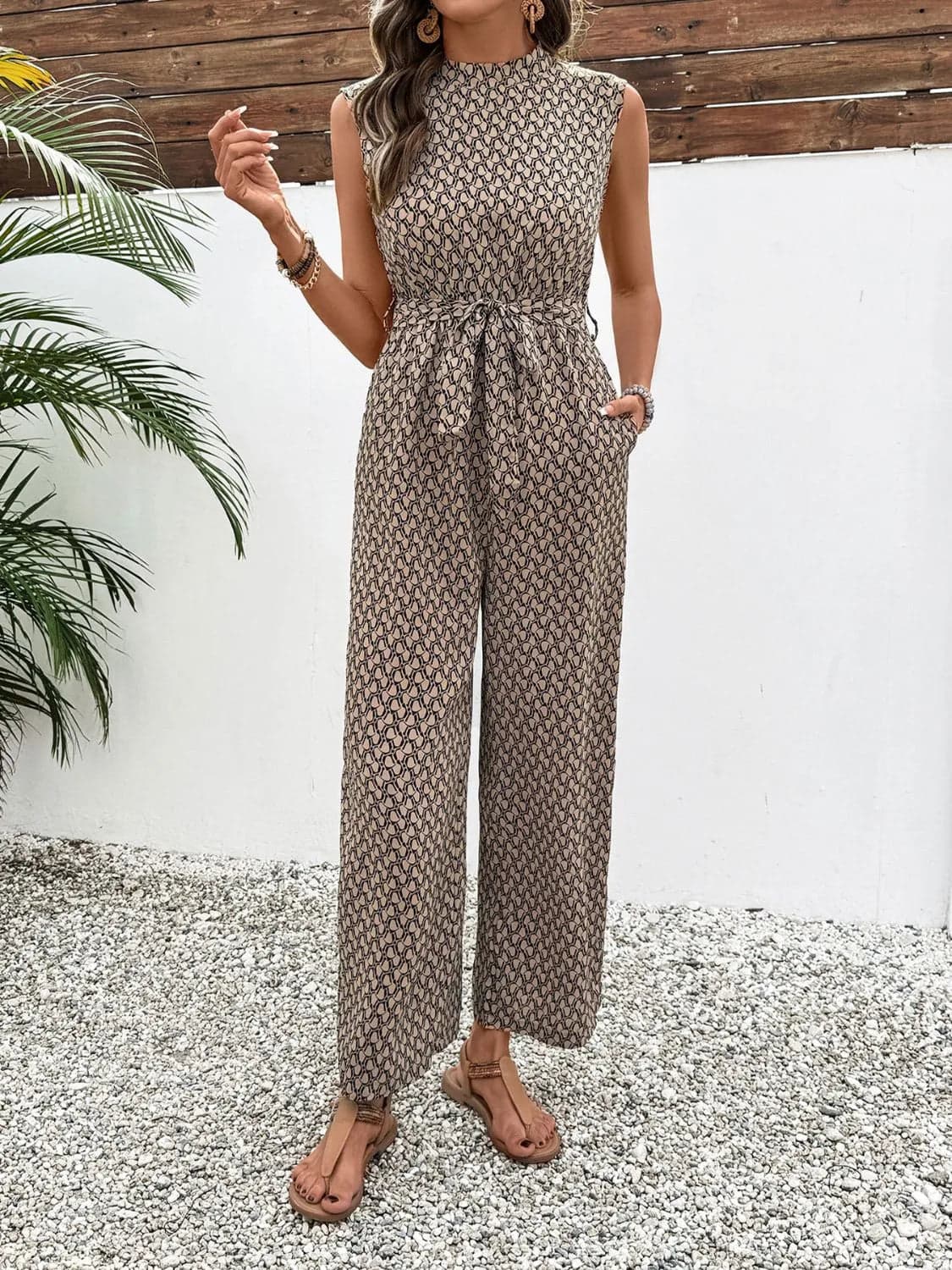 Sleeveless Mock Neck Jumpsuit with Print